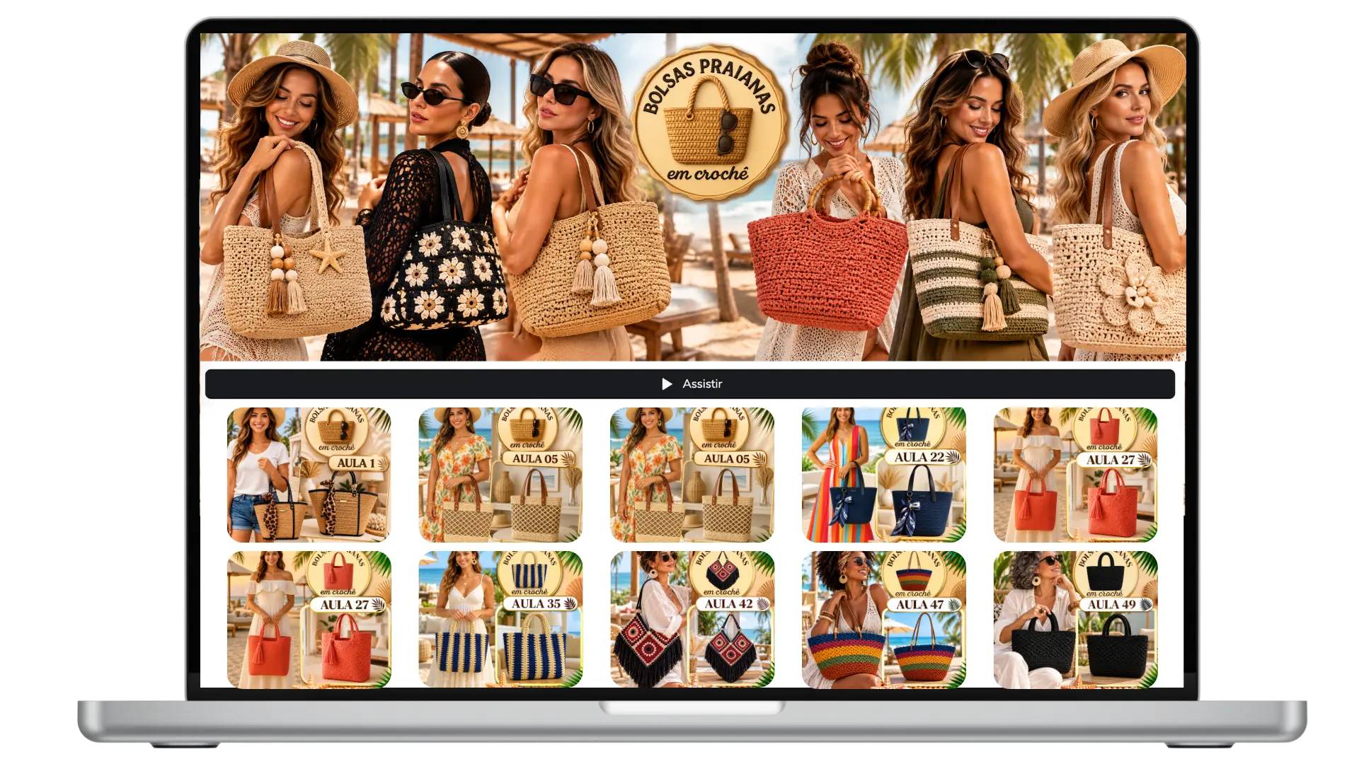 Curso Bolsas Praianas em Crochê no notebook